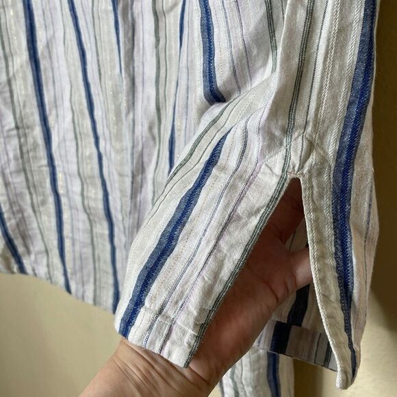 Tommy Bahama large linen blend top stripe Silver Metallic Boho 3/4 SLEEVE LACE - Picture 6 of 9